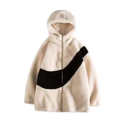 Contrast Colors Plush Faux Fur Hooded Loose Coat Jacket