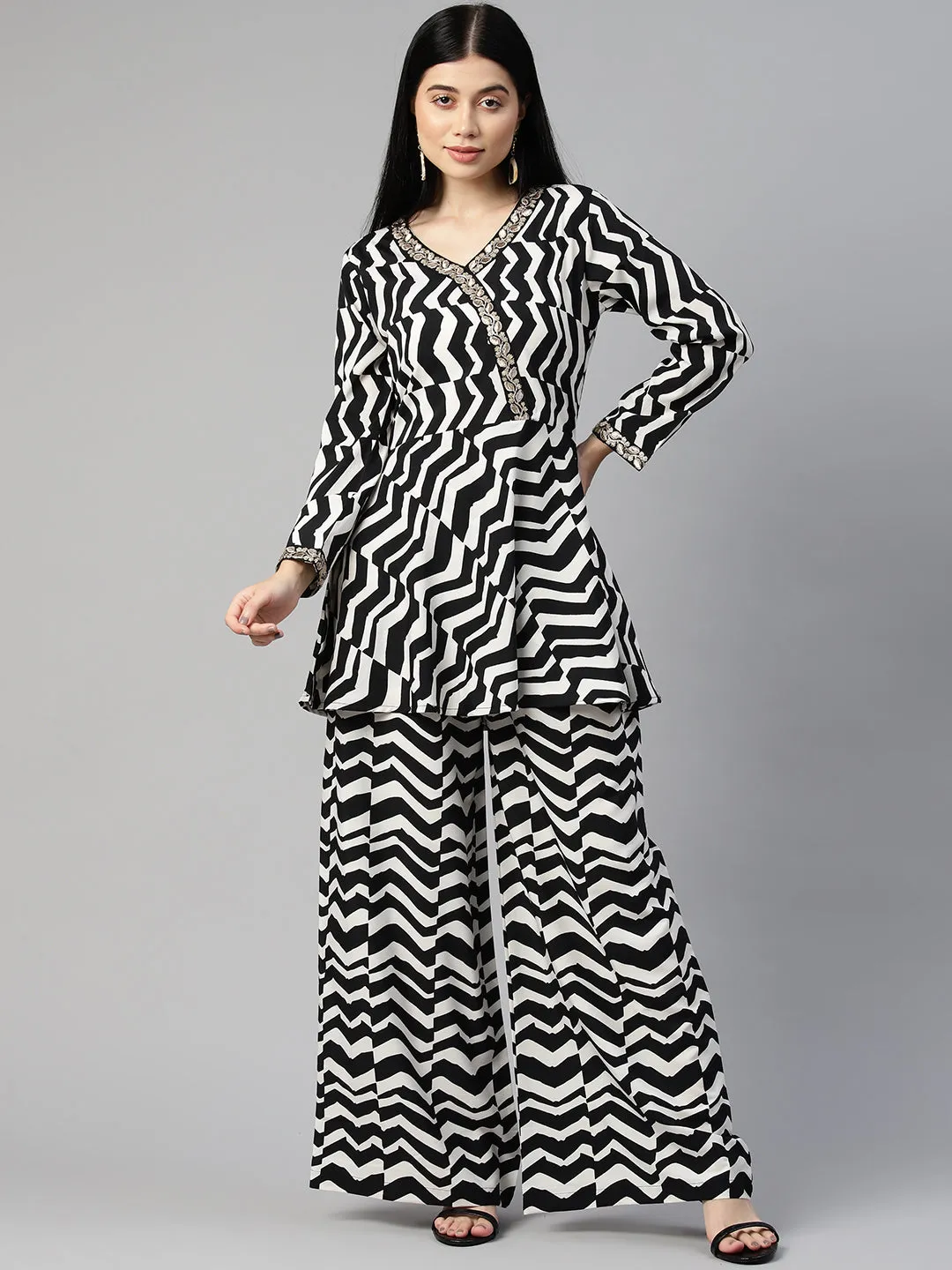 Cottinfab Women Printed Embellished Top with Palazzos