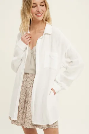 cotton gauze button up shirt with pocket detail - white