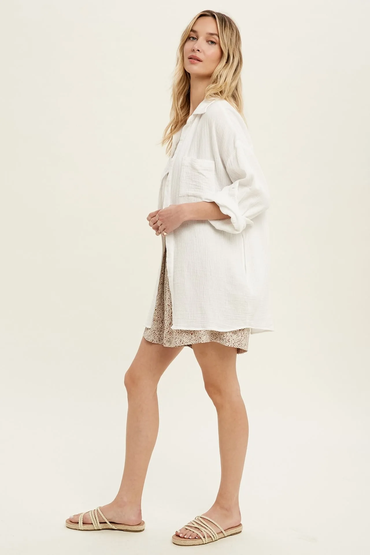 cotton gauze button up shirt with pocket detail - white