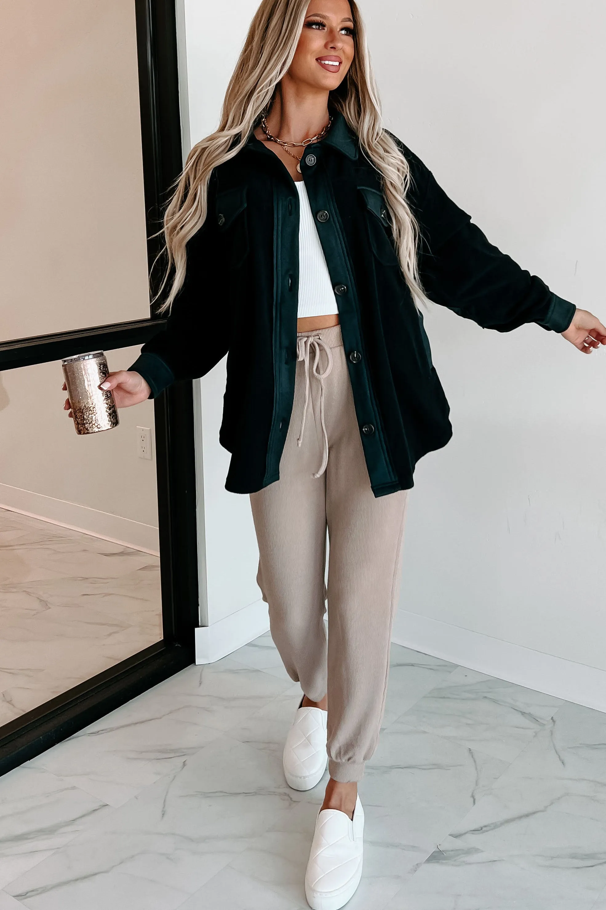 Cozy Campfire Nights Oversized Fleece Shacket (Black)