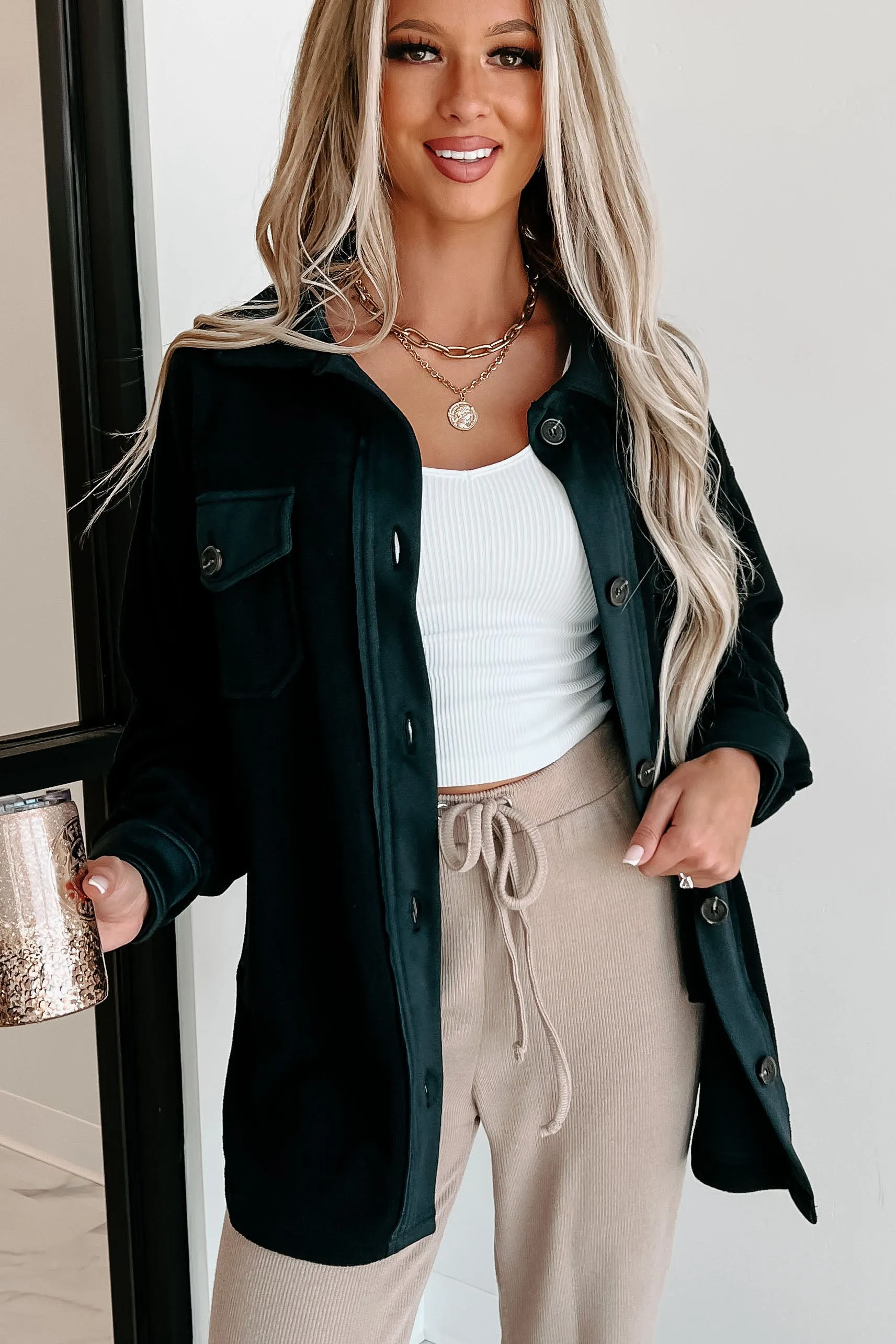 Cozy Campfire Nights Oversized Fleece Shacket (Black)