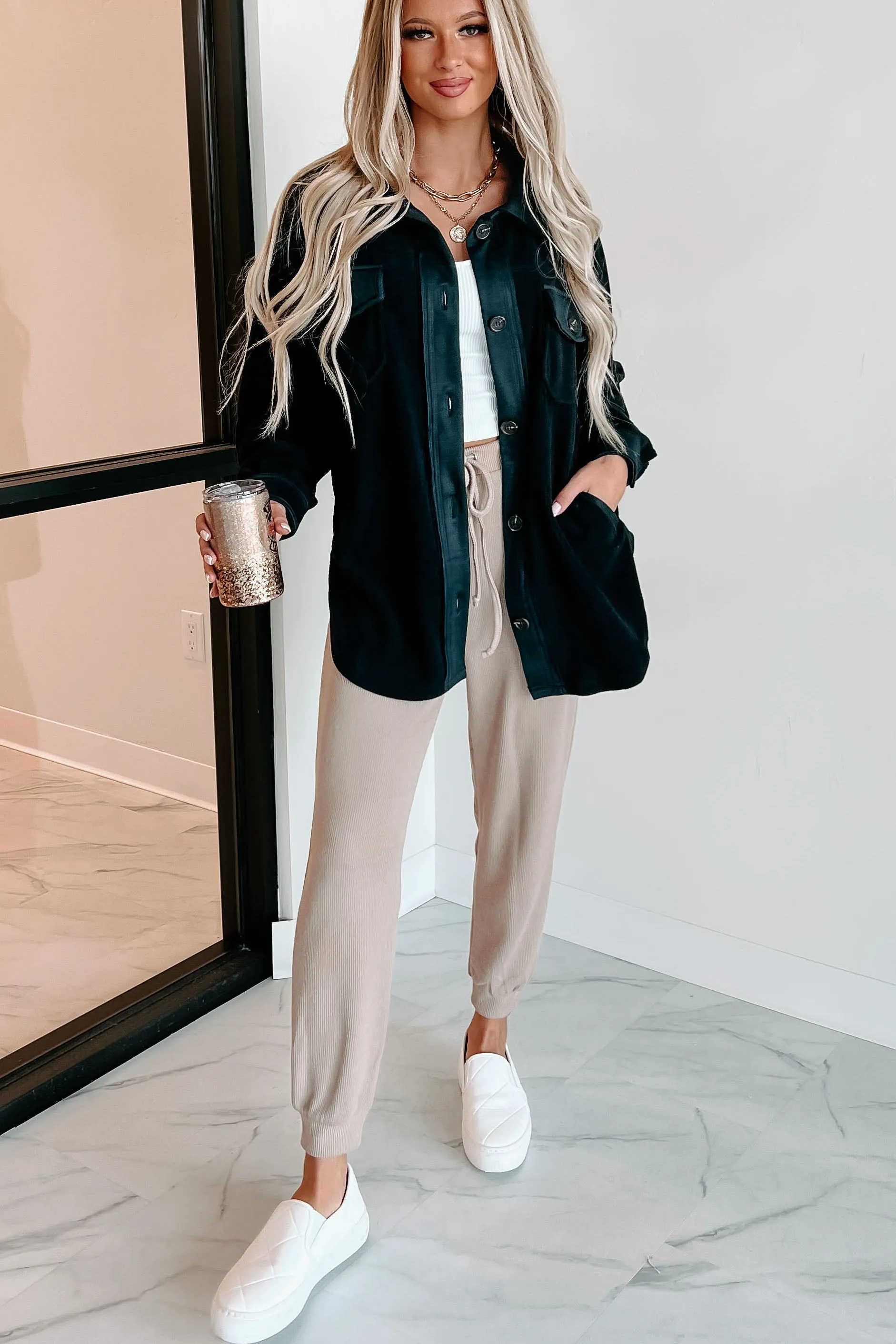 Cozy Campfire Nights Oversized Fleece Shacket (Black)