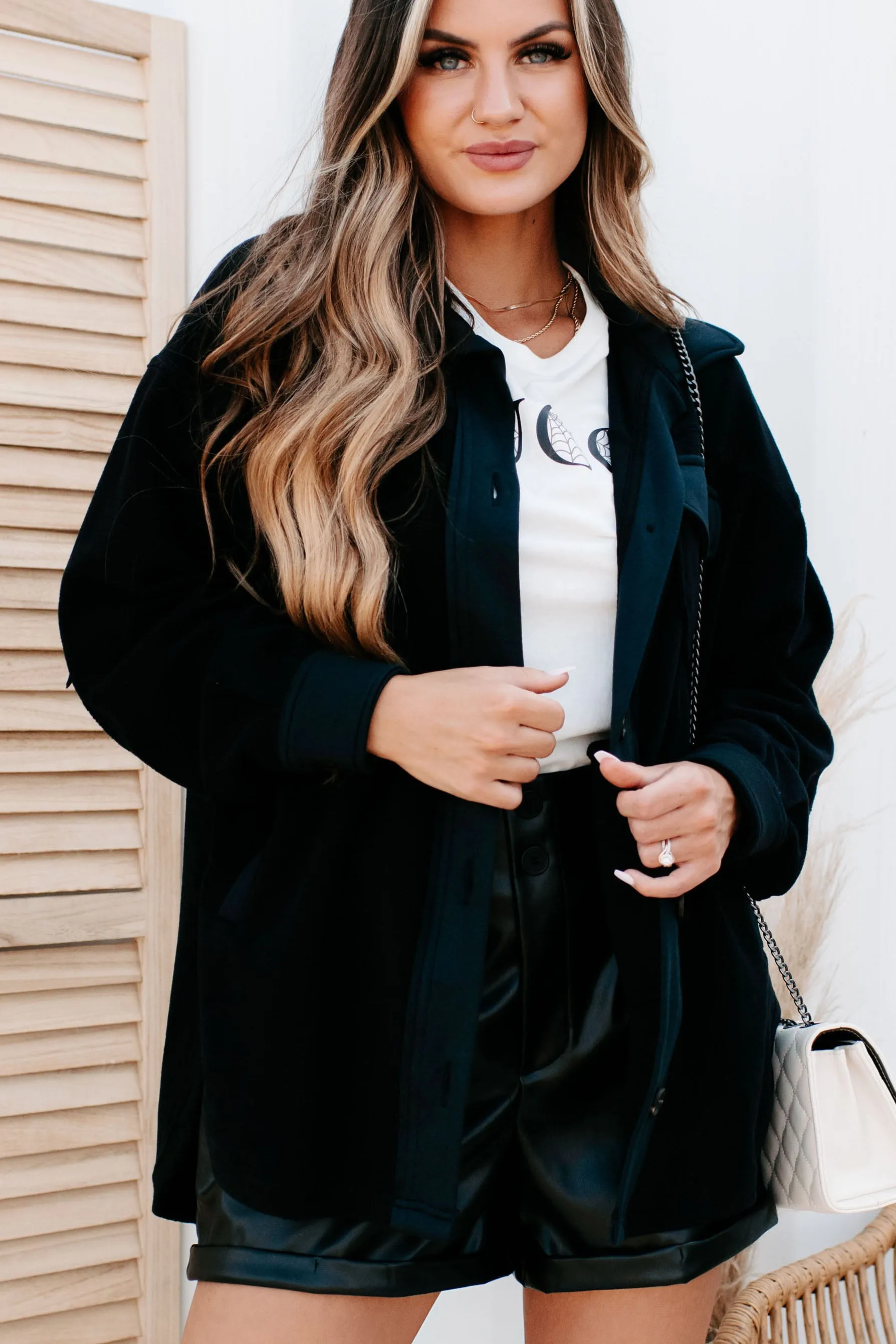 Cozy Campfire Nights Oversized Fleece Shacket (Black)
