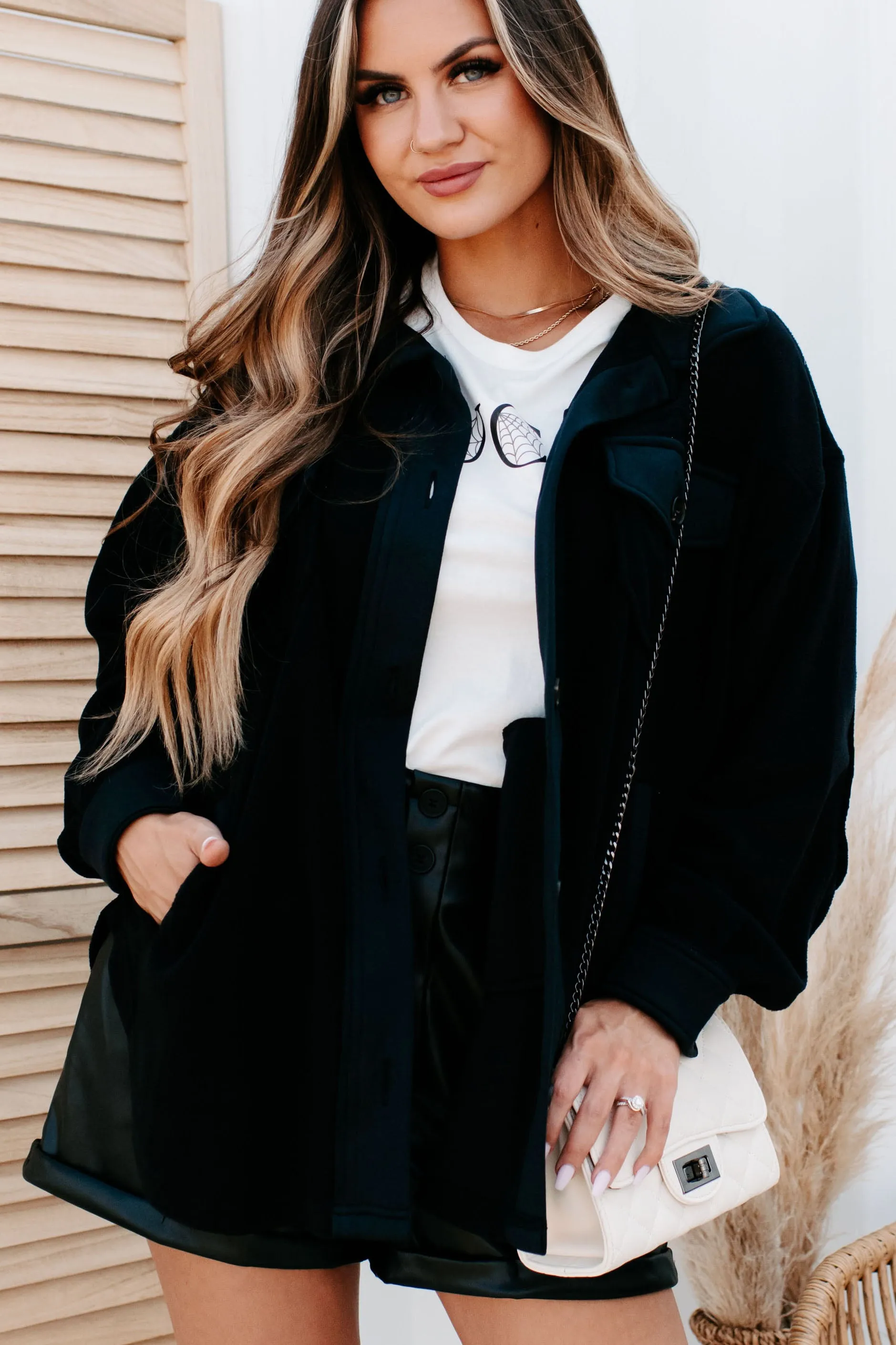 Cozy Campfire Nights Oversized Fleece Shacket (Black)