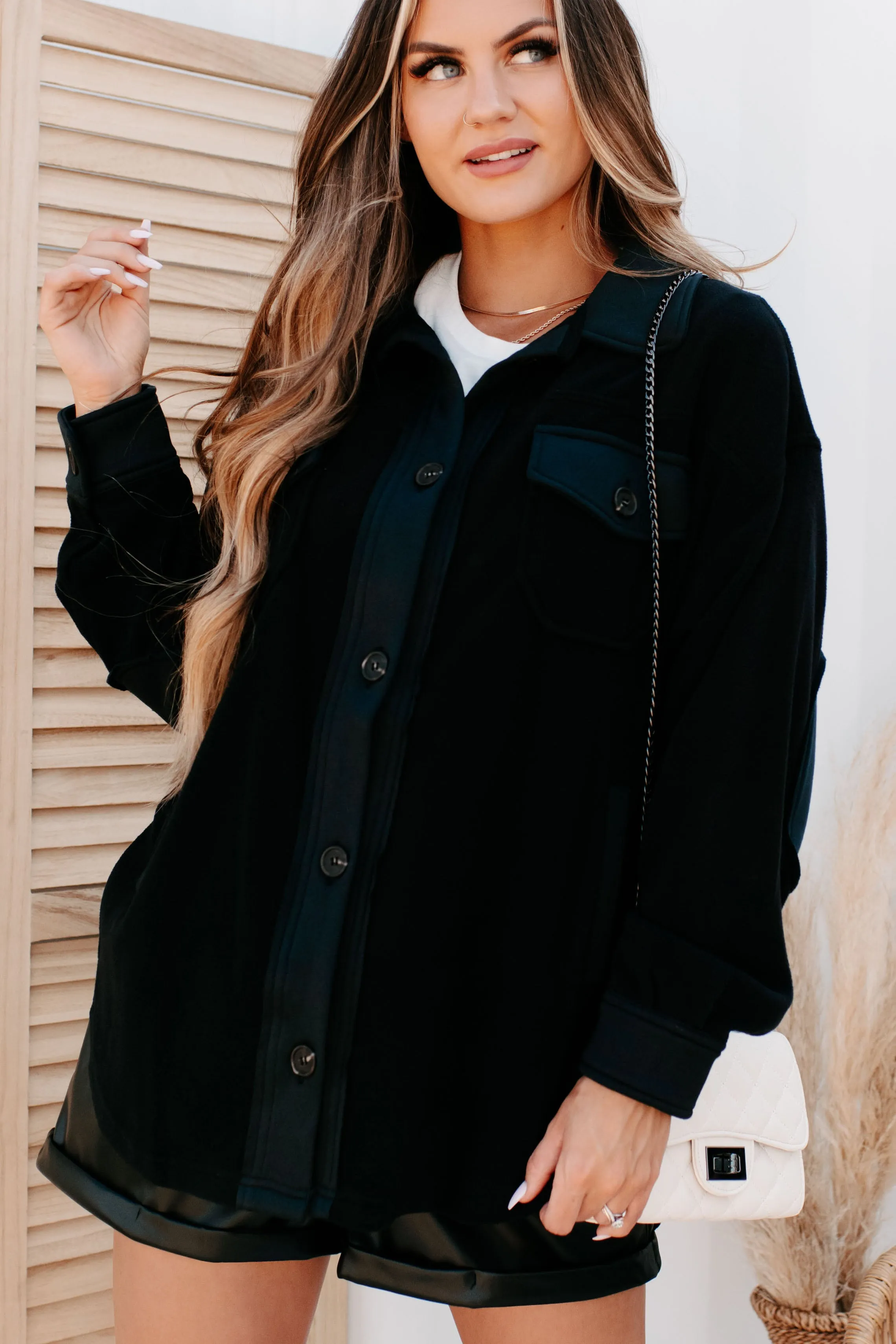 Cozy Campfire Nights Oversized Fleece Shacket (Black)