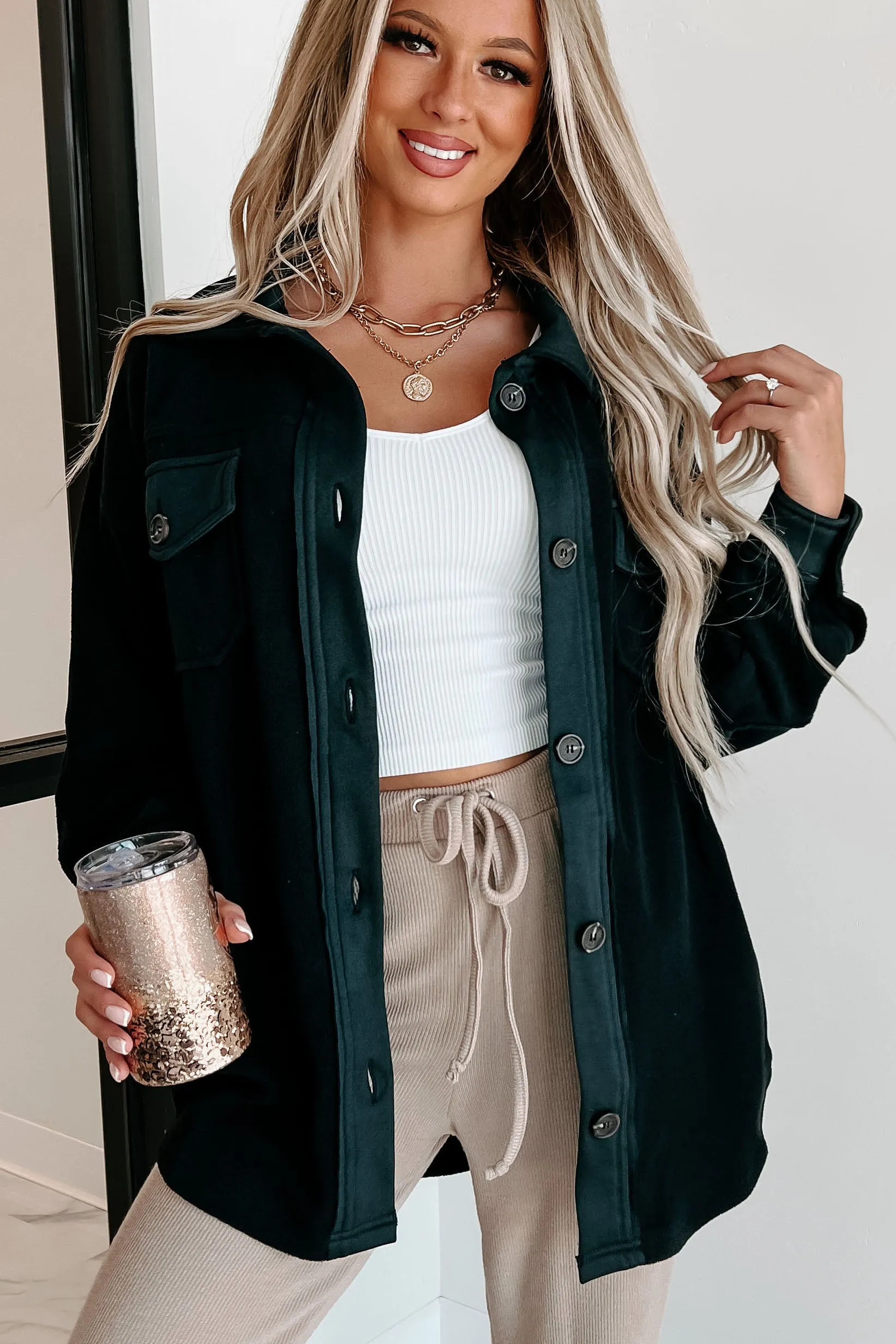 Cozy Campfire Nights Oversized Fleece Shacket (Black)