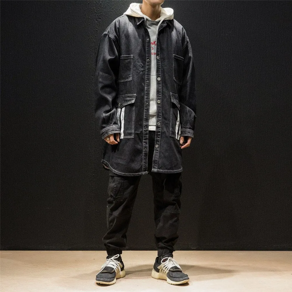 Cracked Letter Print Backside Men Long Denim Jacket
