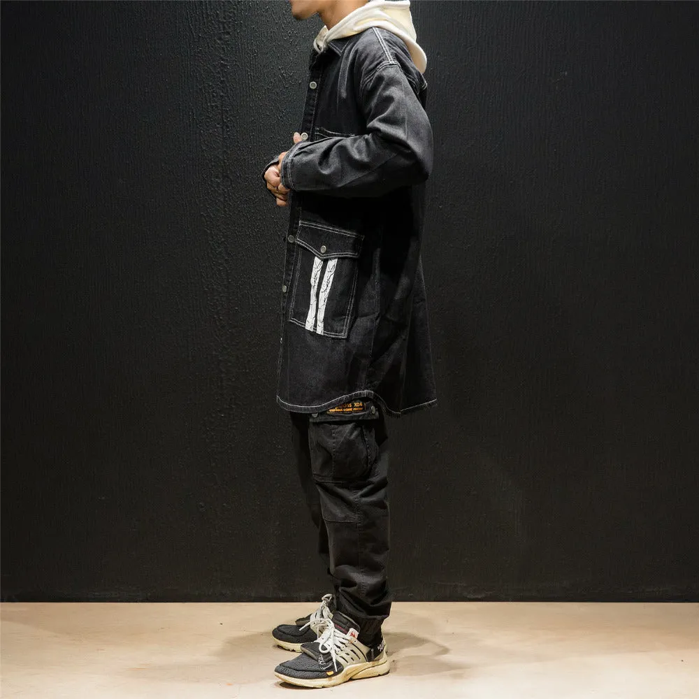 Cracked Letter Print Backside Men Long Denim Jacket