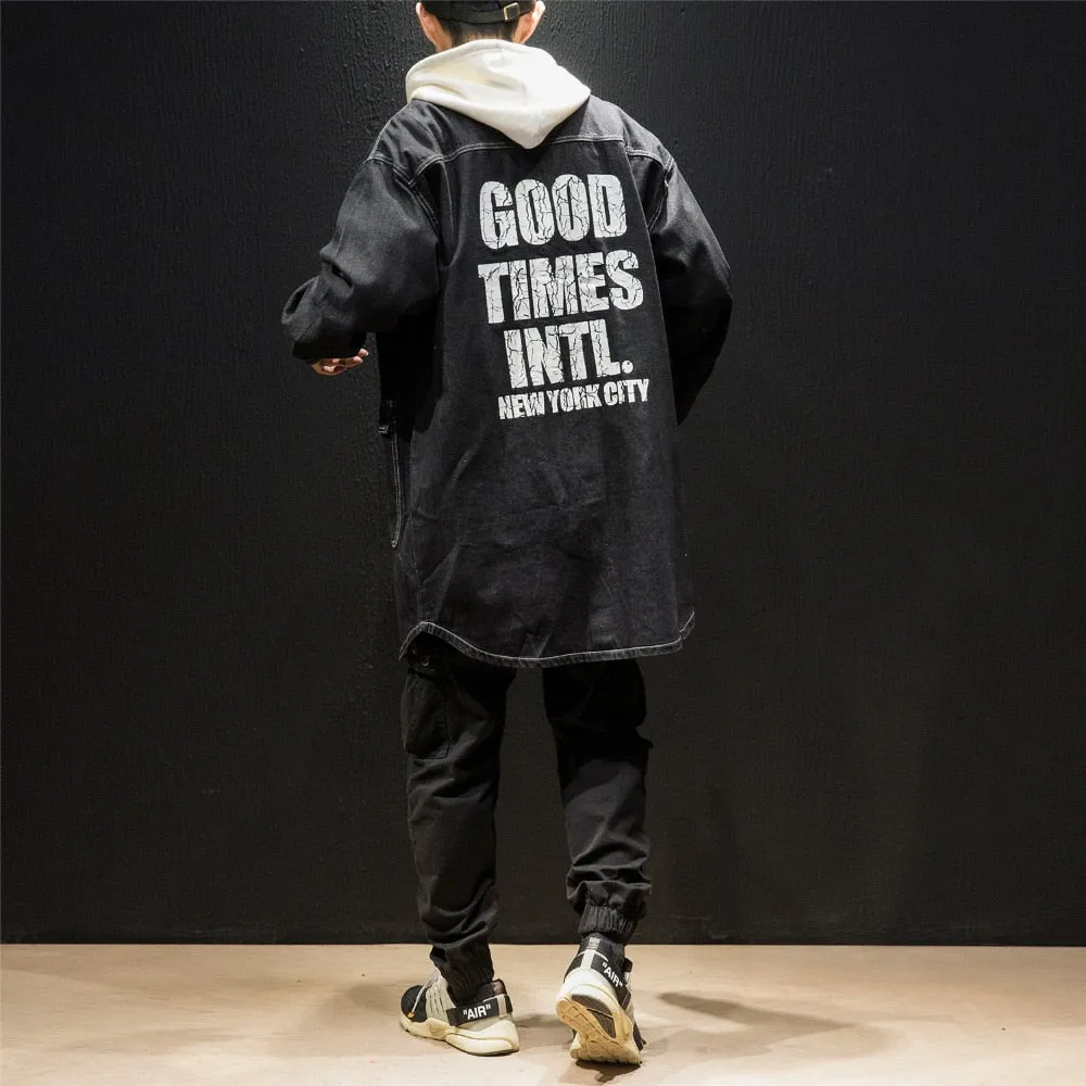 Cracked Letter Print Backside Men Long Denim Jacket