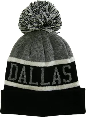 Dallas City Name Wide Stripe Winter Knit Pom Beanie Hat (Gray/Black)