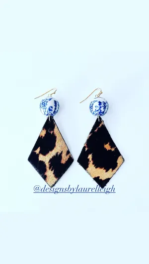 Diamond Shaped Chinoiserie Leather Leopard Print Earrings