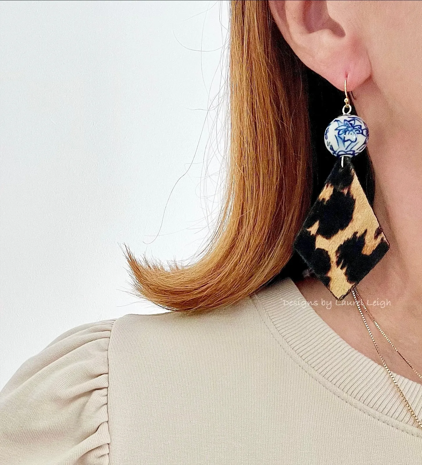 Diamond Shaped Chinoiserie Leather Leopard Print Earrings