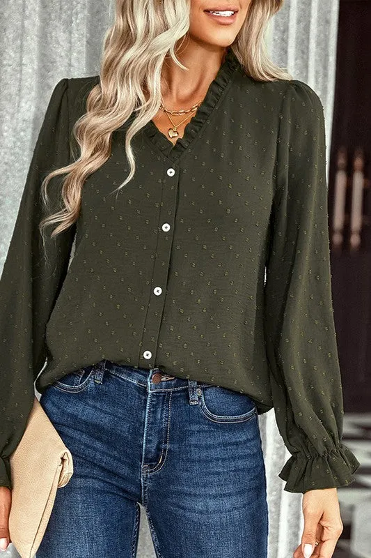Dotted V-Neck Ruffled Sleeves Blouse