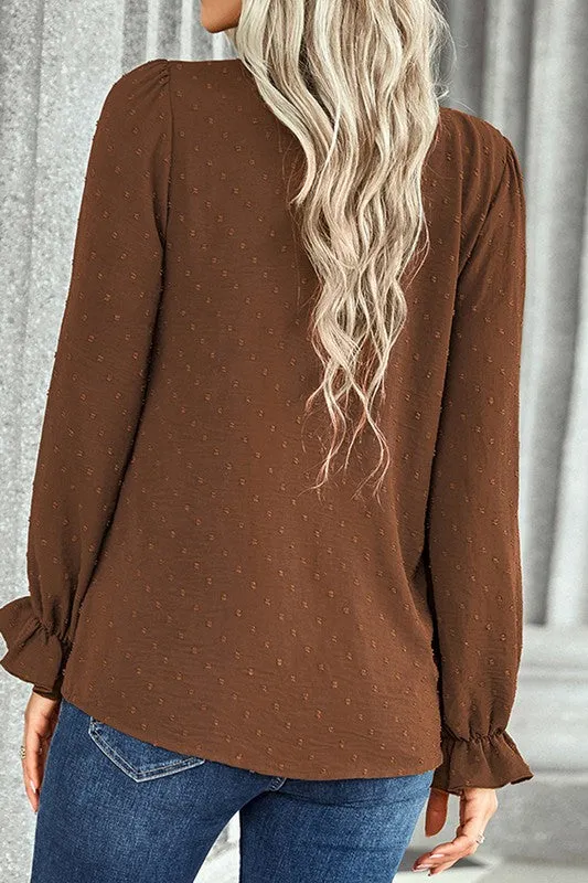 Dotted V-Neck Ruffled Sleeves Blouse