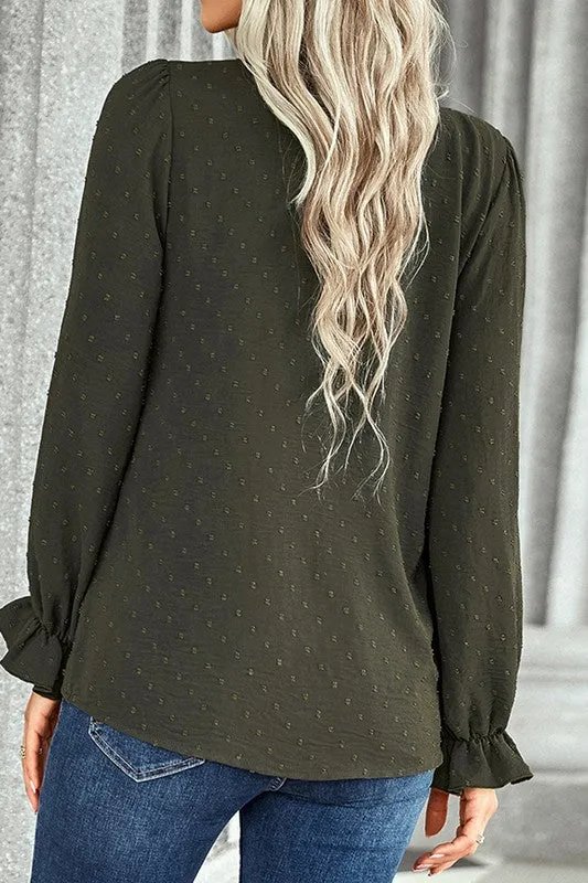 Dotted V-Neck Ruffled Sleeves Blouse