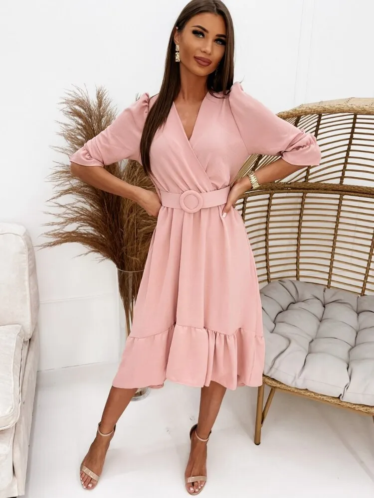 Dresses for Women 2023 New Autumn Winter Ruffled V-neck Dress with Long Sleeves Waistband Long Dress Office Lady Women Clothing