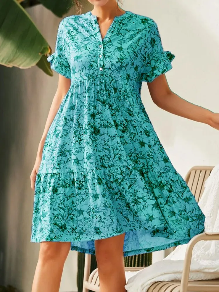 Dresses for Women 2023 Summer New V-neck Button Print Dress Women's Short Sleeves Loose Short Dresses Streetwear 	Woman Clothing