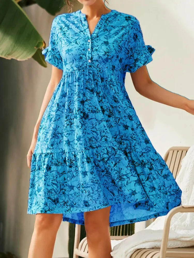 Dresses for Women 2023 Summer New V-neck Button Print Dress Women's Short Sleeves Loose Short Dresses Streetwear 	Woman Clothing