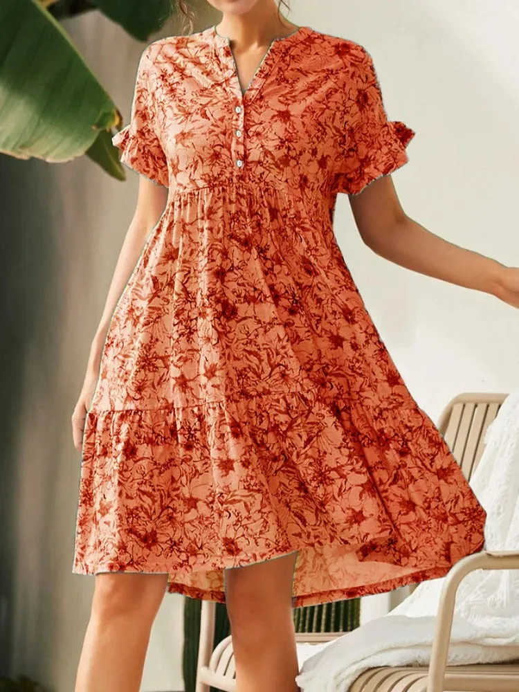 Dresses for Women 2023 Summer New V-neck Button Print Dress Women's Short Sleeves Loose Short Dresses Streetwear 	Woman Clothing