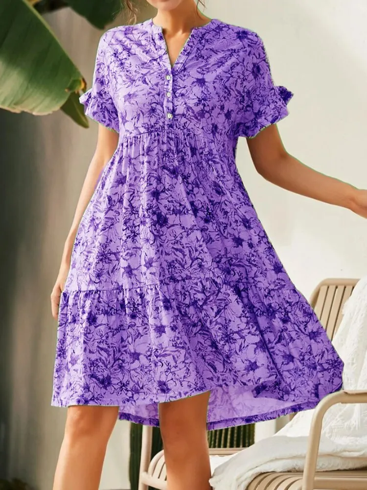 Dresses for Women 2023 Summer New V-neck Button Print Dress Women's Short Sleeves Loose Short Dresses Streetwear 	Woman Clothing