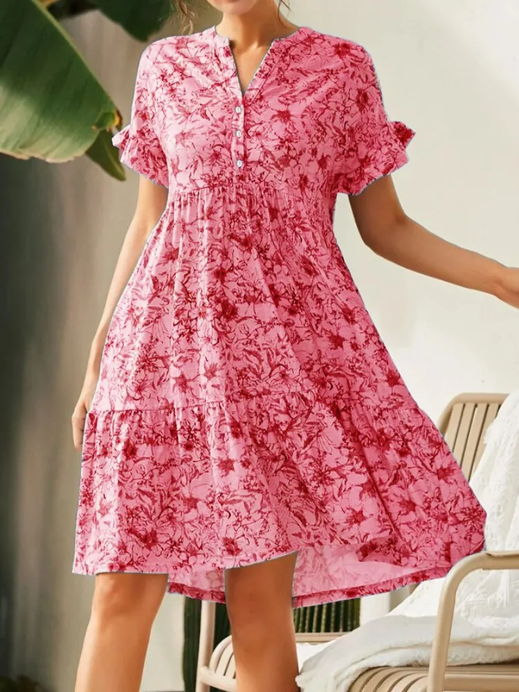 Dresses for Women 2023 Summer New V-neck Button Print Dress Women's Short Sleeves Loose Short Dresses Streetwear 	Woman Clothing