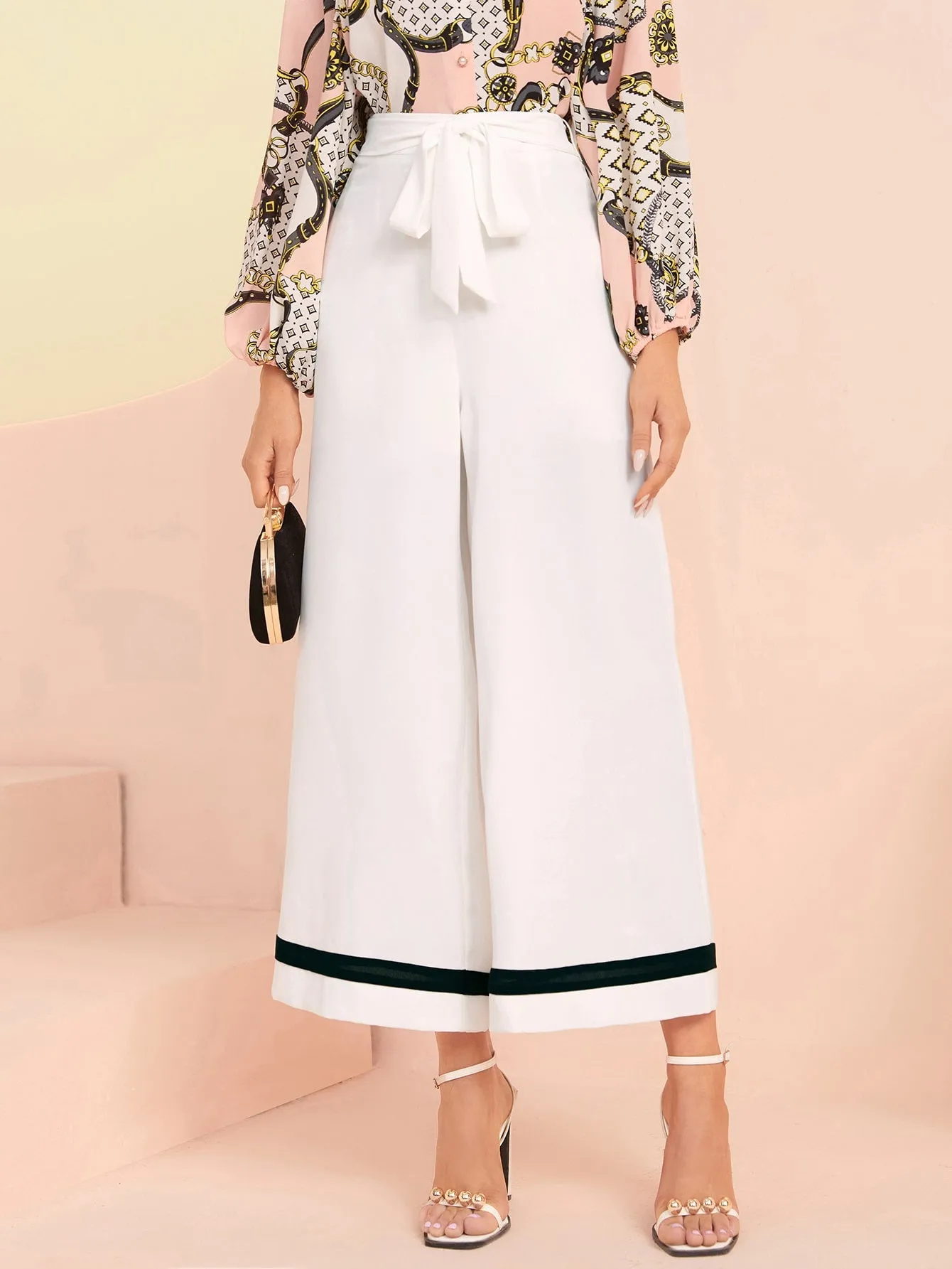 Elegant Belted High Waist Cropped Women Pants