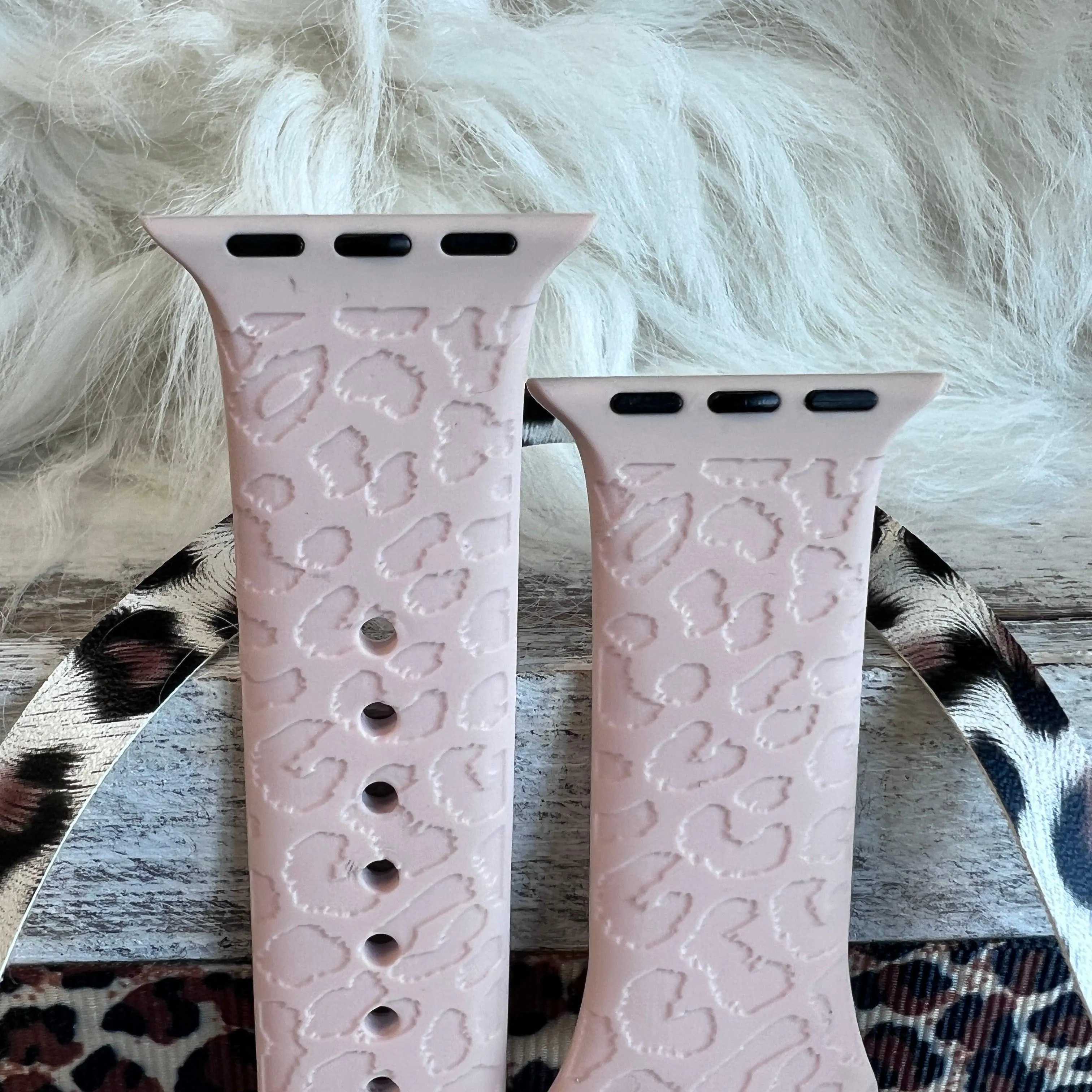 Engraved Pink Sand Leopard Silicone Band For Apple Watch