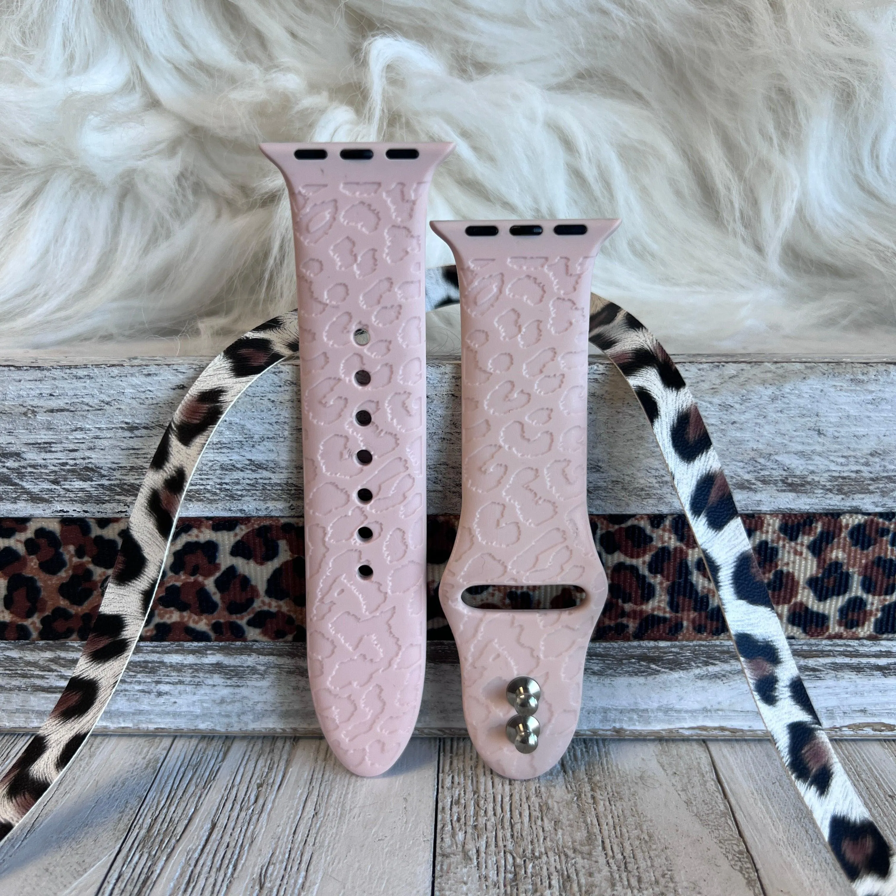 Engraved Pink Sand Leopard Silicone Band For Apple Watch
