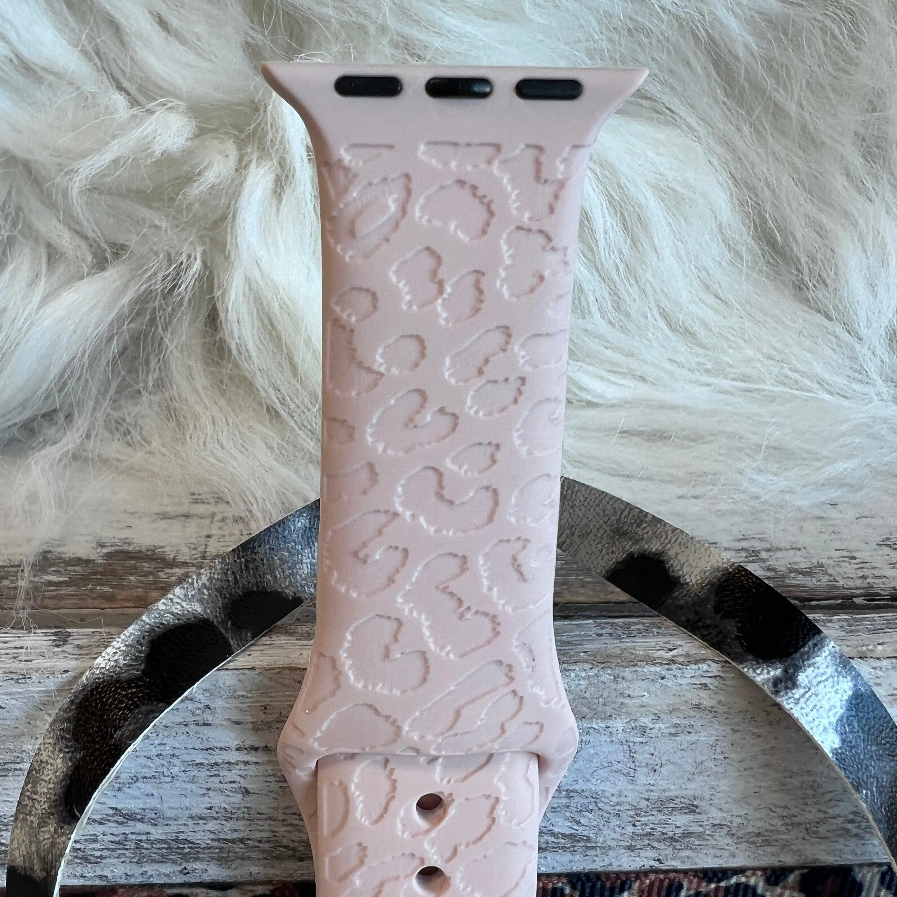 Engraved Pink Sand Leopard Silicone Band For Apple Watch