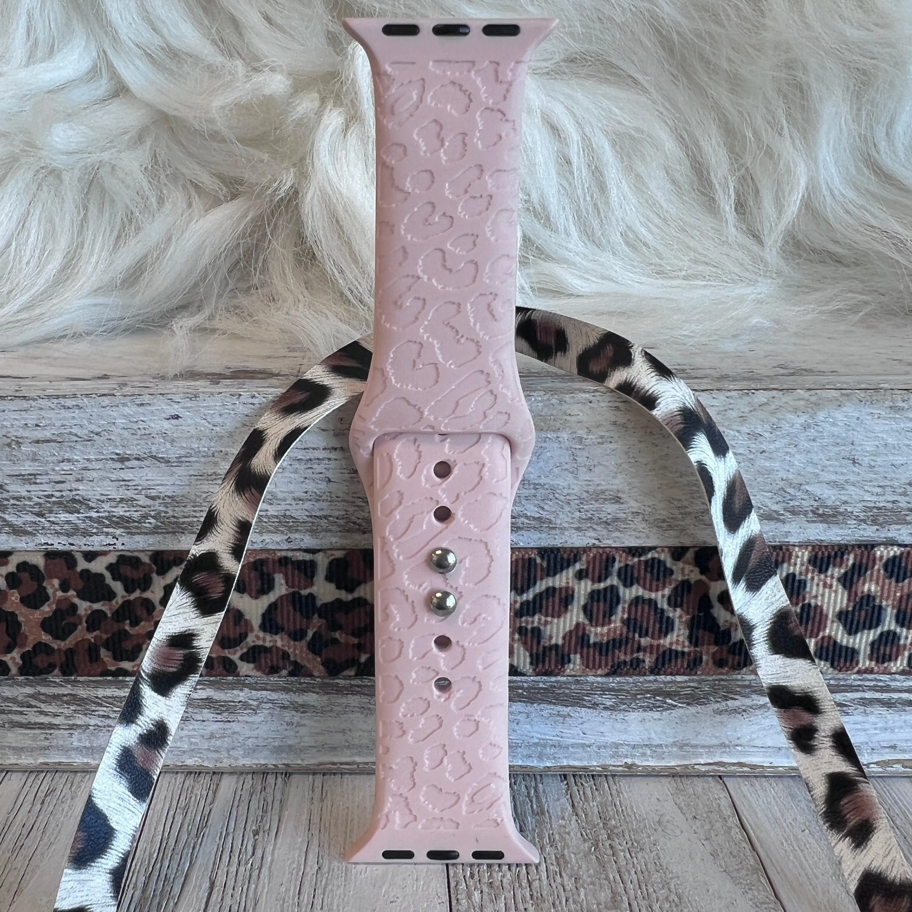 Engraved Pink Sand Leopard Silicone Band For Apple Watch