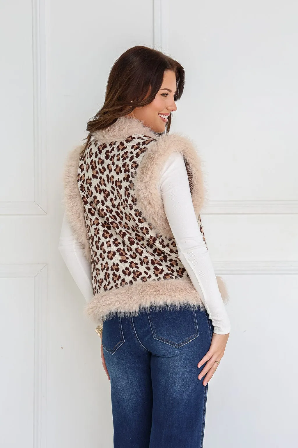 Faux Fur Trim Lombard Vest - Cream Leopard Print - PREORDER