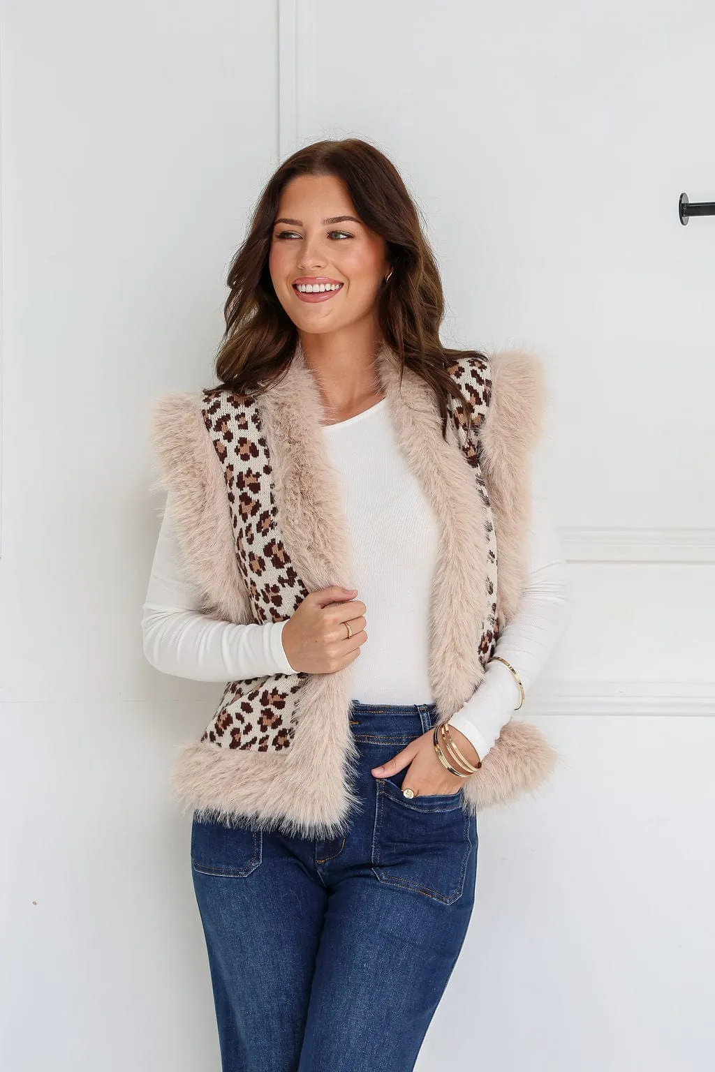 Faux Fur Trim Lombard Vest - Cream Leopard Print - PREORDER