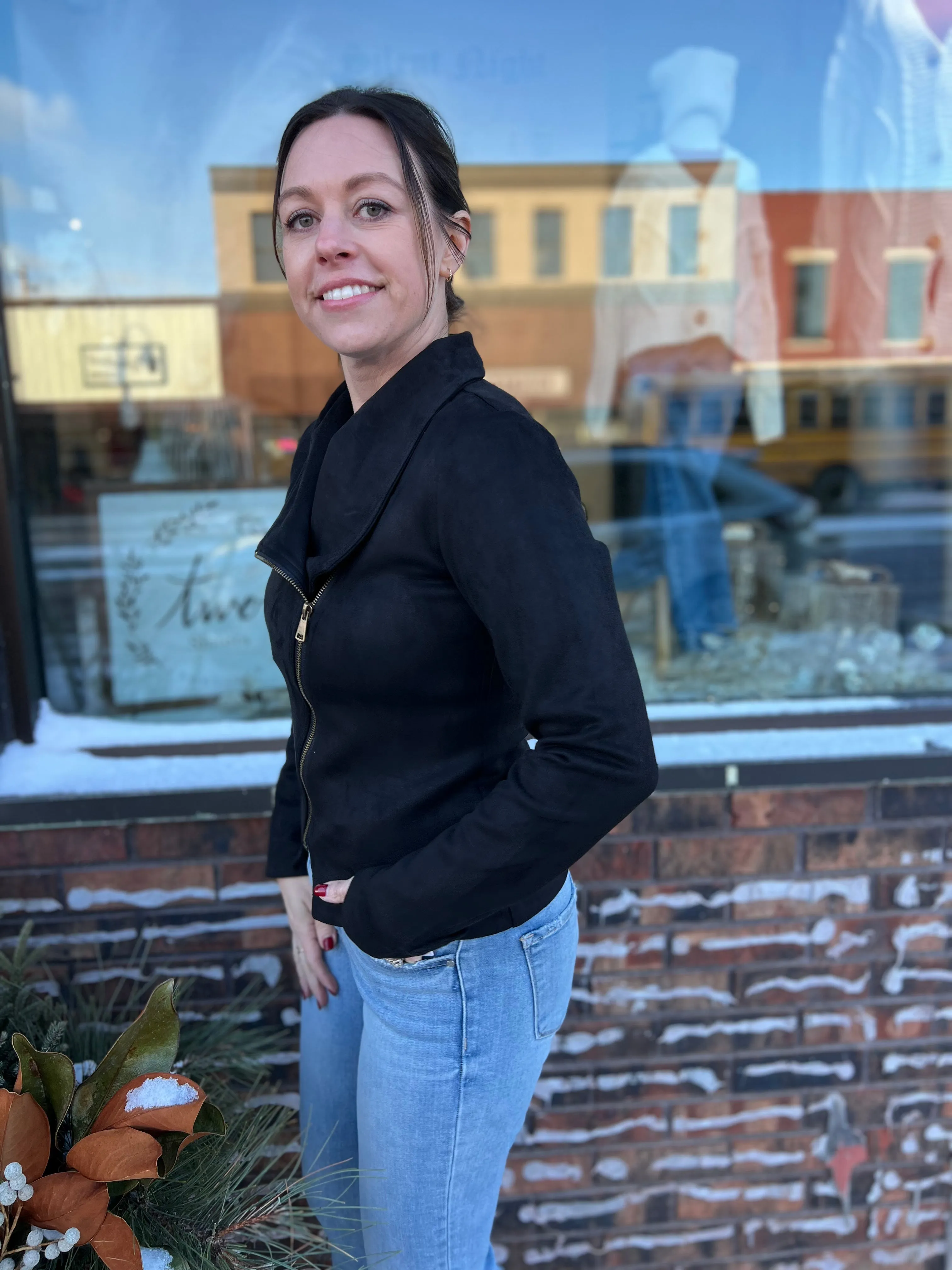 Faux Suede Zip Up Moto Jacket