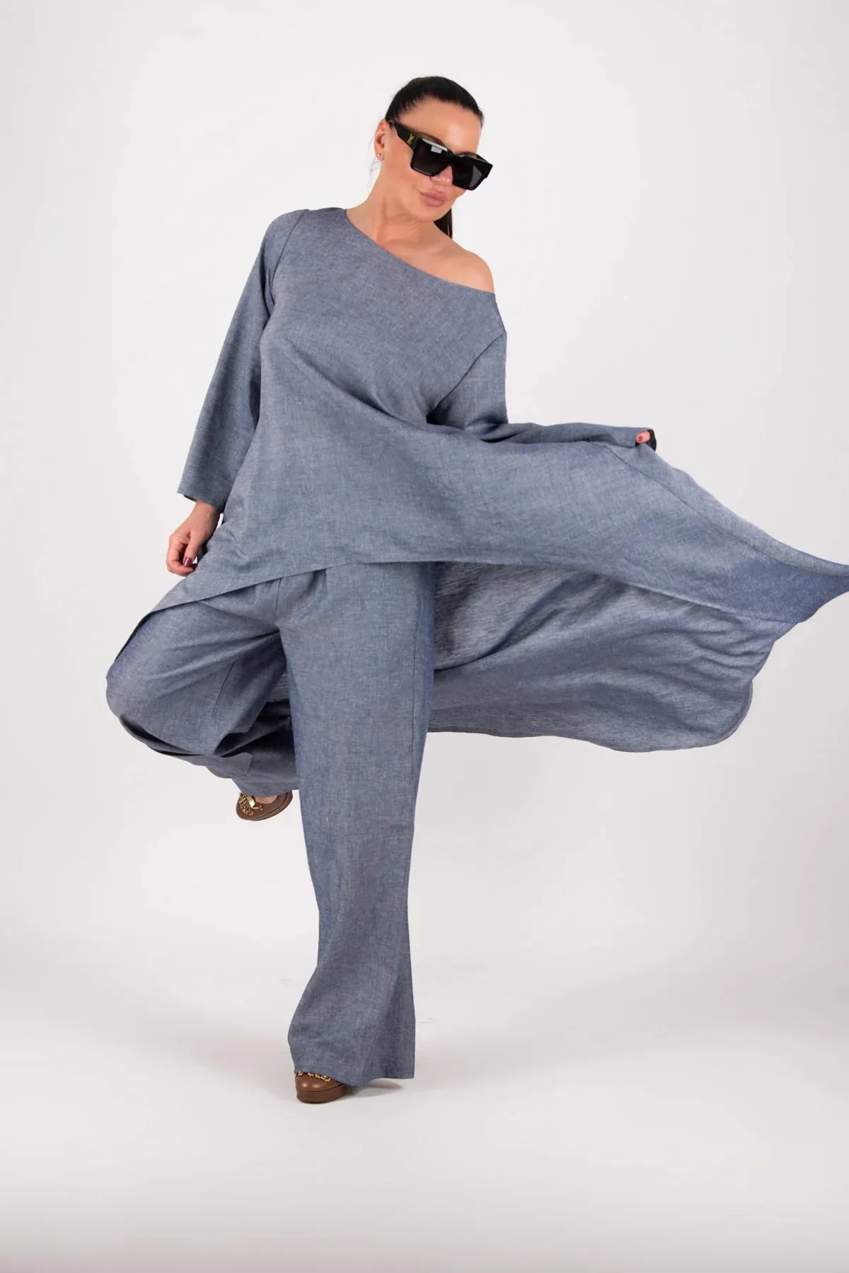 JESIKA JEANS BLUE WIDE LINEN PANTS