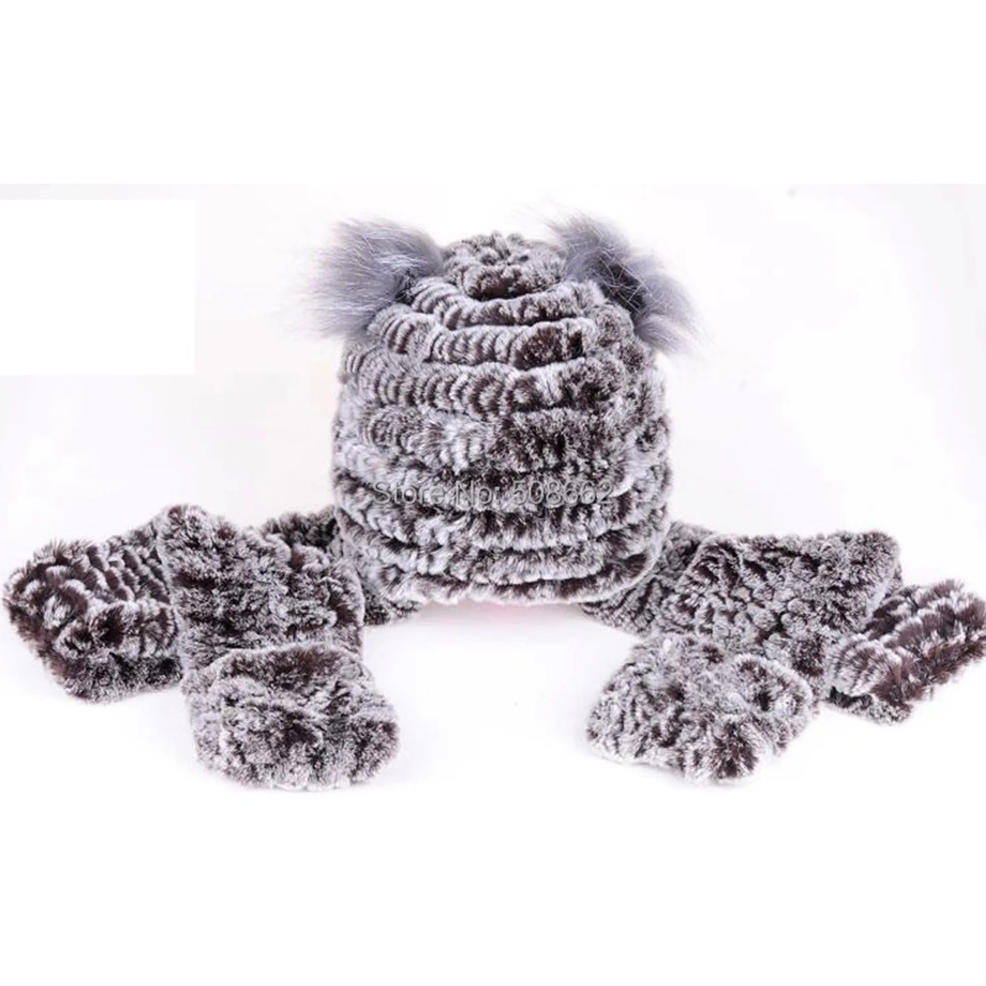 Knitted Real Rex Rabbit Fur Hat Multi-use Fur Cap Scarf & Glove Women Hat Beanie Headgear Head Wear Winter Head Warmer FS14627