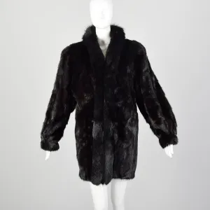 Large 1980s Black Mink Coat with Fox Fur Lapel