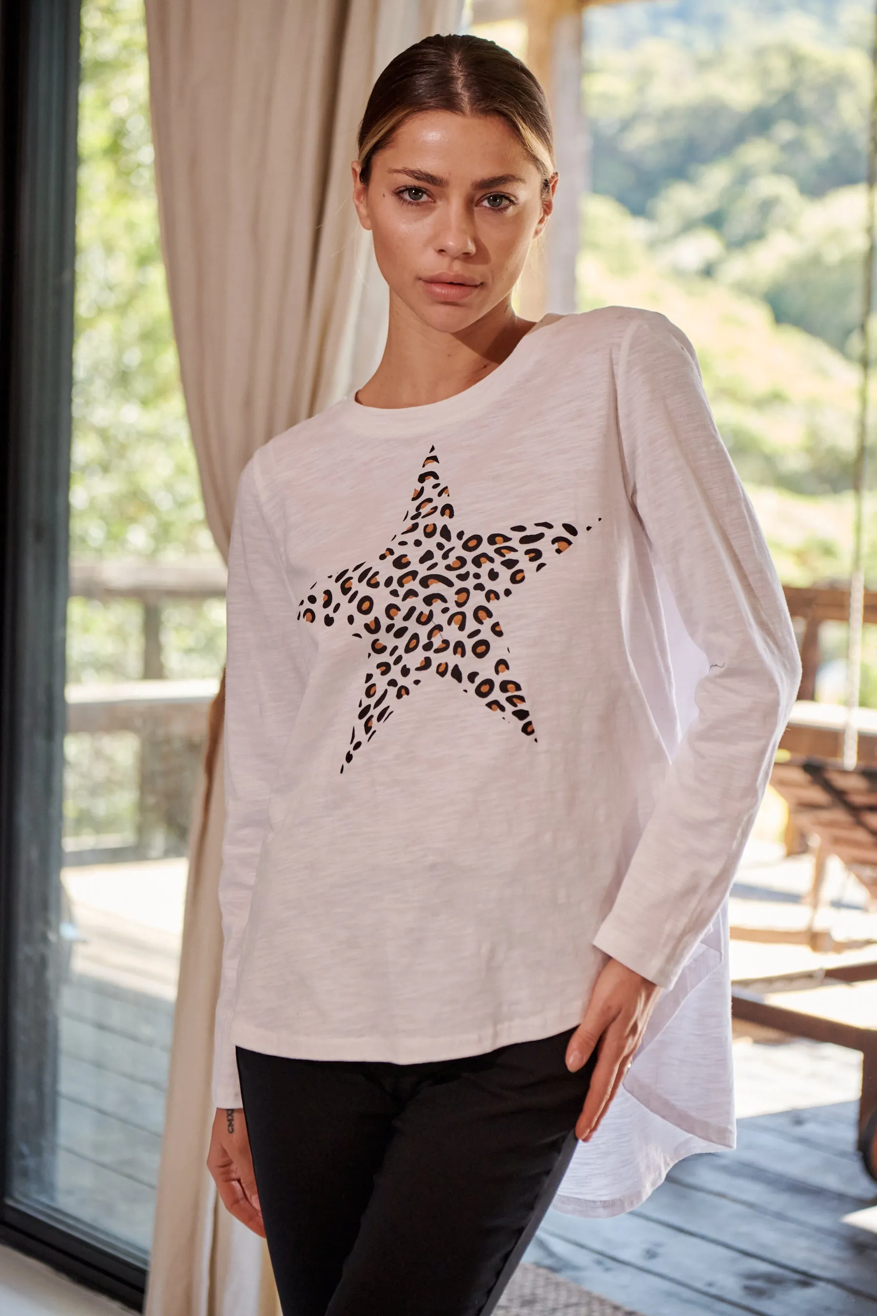 Leo Star Leopard Brown Print White Long Sleeve Top