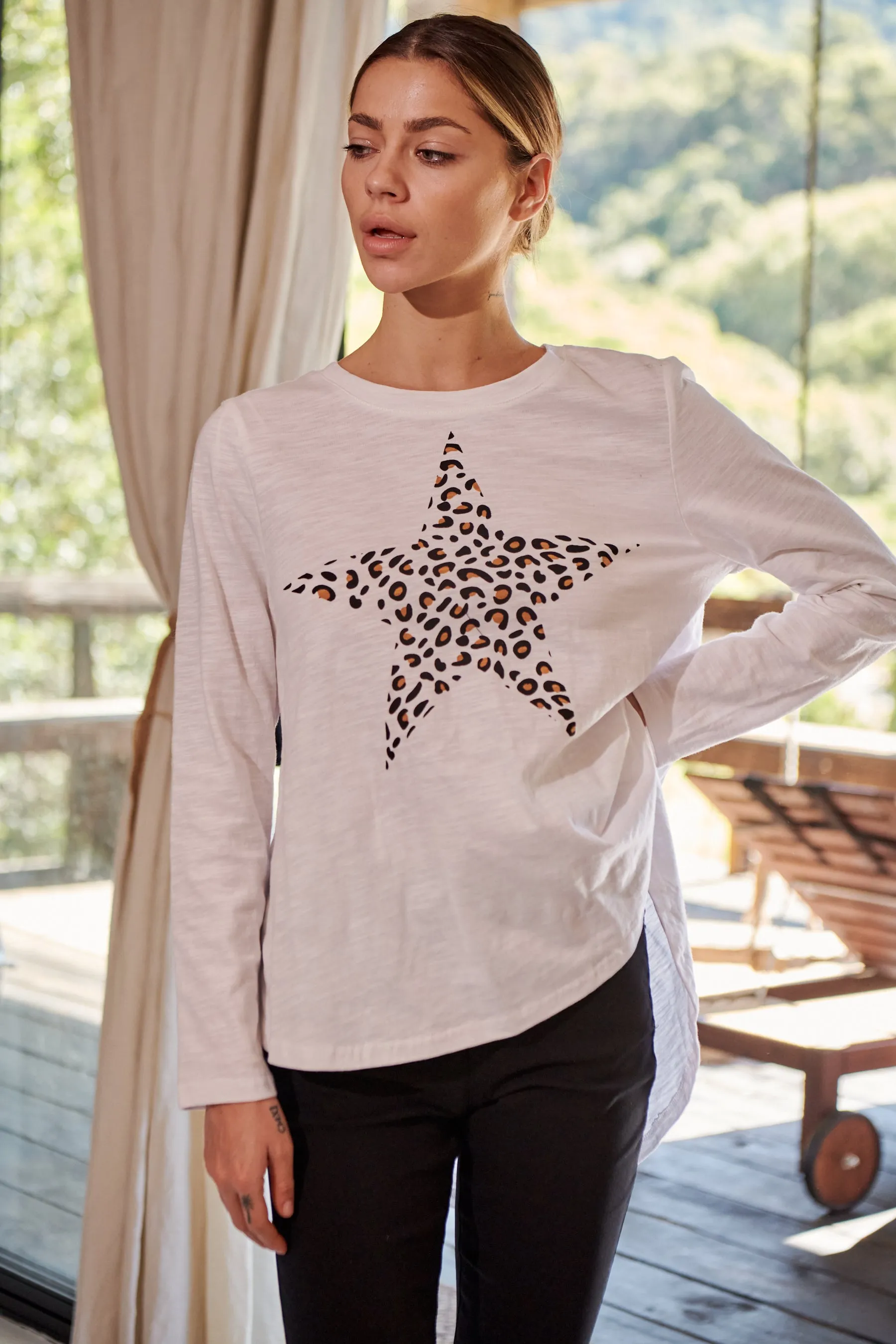 Leo Star Leopard Brown Print White Long Sleeve Top