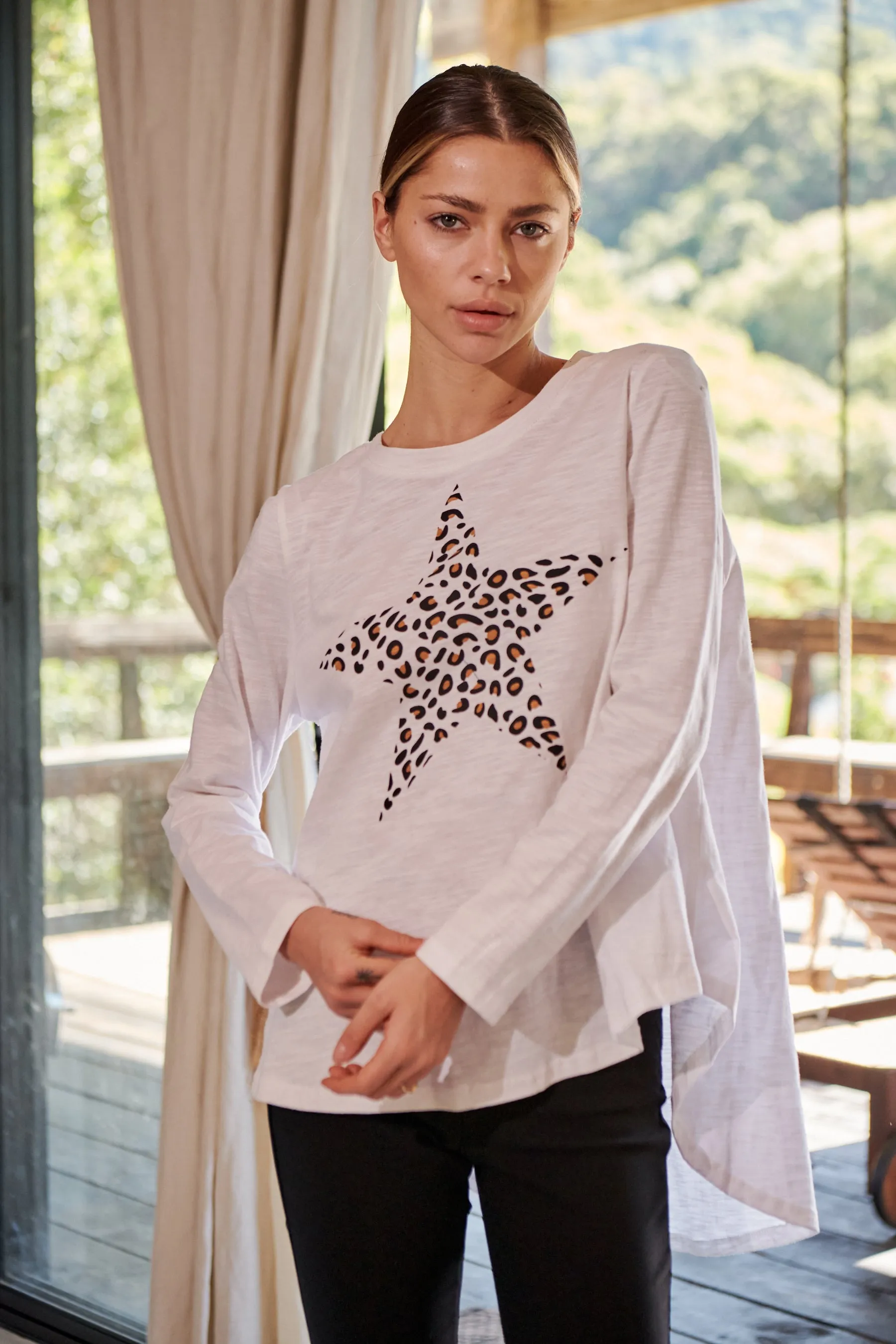 Leo Star Leopard Brown Print White Long Sleeve Top