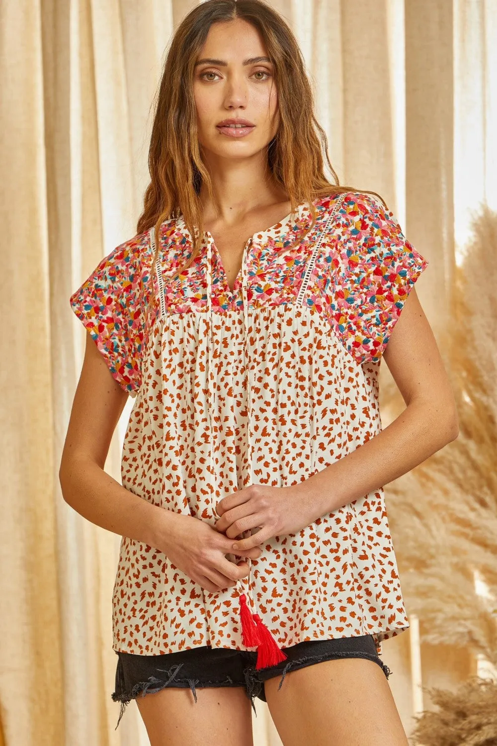 Leopard Embroidered Babydoll Top
