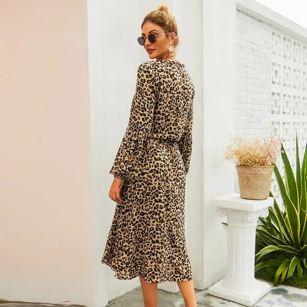 Leopard Print Long-Sleeved Mid-Length Dress