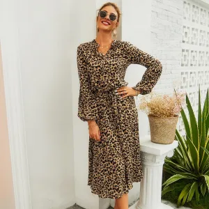 Leopard Print Long-Sleeved Mid-Length Dress