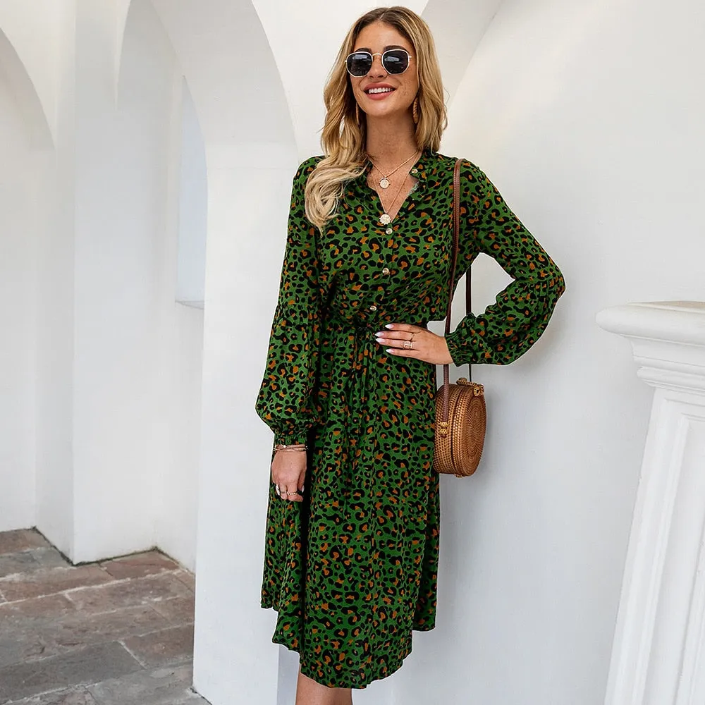 Leopard Print Long-Sleeved Mid-Length Dress