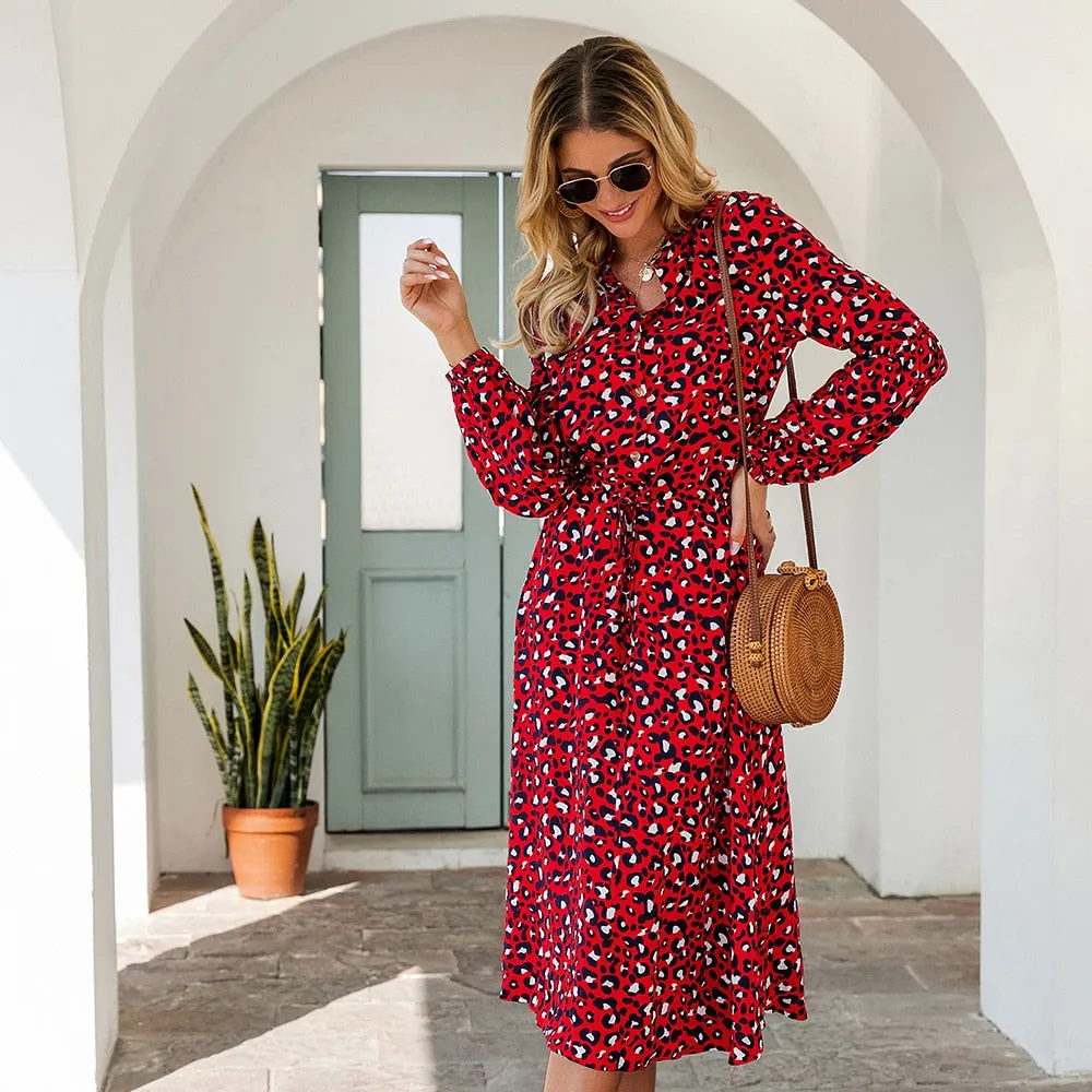 Leopard Print Long-Sleeved Mid-Length Dress