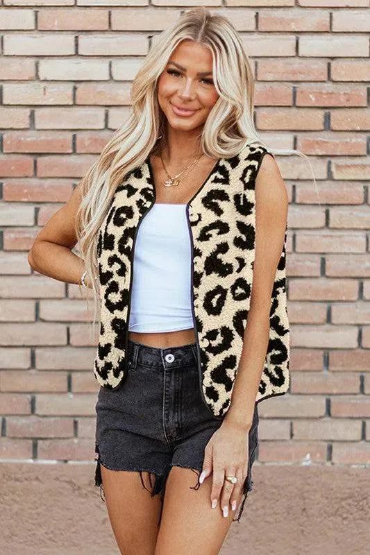 Leopard Print Sherpa Button Front Vest Coat