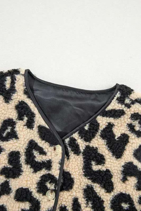 Leopard Print Sherpa Button Front Vest Coat