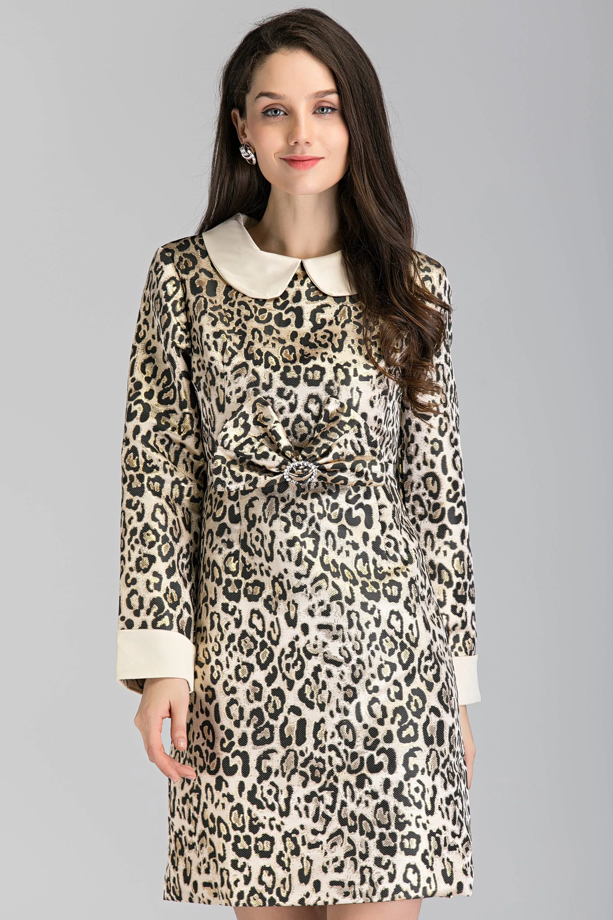 Leopard Print Sleeved Midi Dress