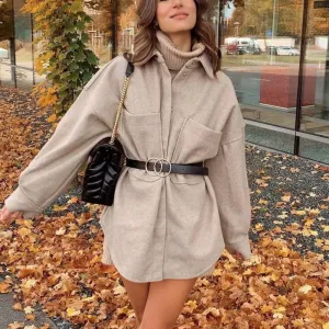 Loose Pocket Woolen Long Sleeve Thick Coat