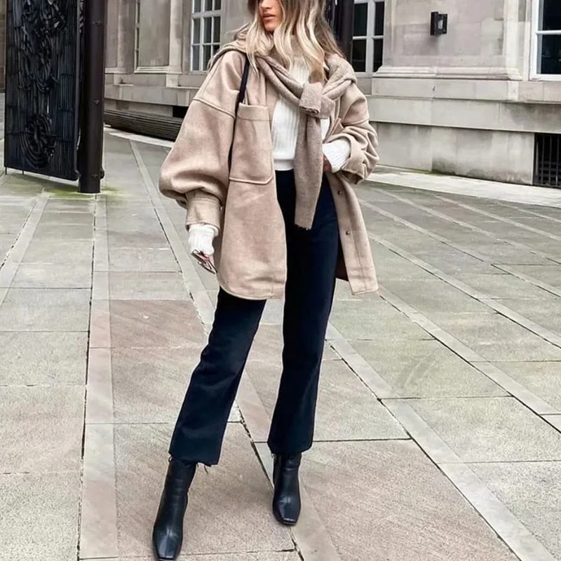 Loose Pocket Woolen Long Sleeve Thick Coat